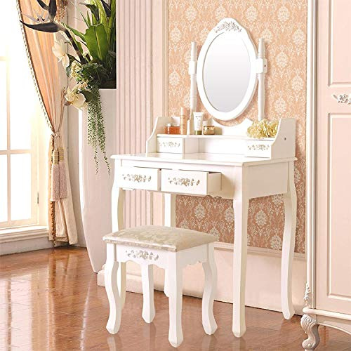 LEADZM Coiffeuse avec Miroir et Tabouret, Table de Maquillage pour Chambre à Coucher, Miroir Pivotant à 360°, 4 Tiroirs, 75 x 40 x 142.5 cm, Blanc