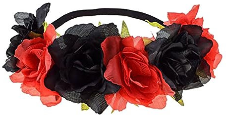 ccHuDE Stretch Rose Blume Stirnband Mexikanische Floral Stirnband Blume Kopf Krone Floral Haar Kranz Blumengirlande Stirnband Rot Schwarz