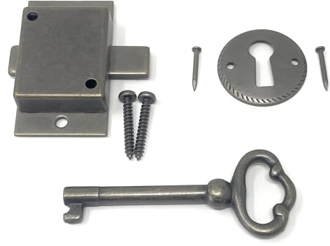 Metal Magery Small Antique Brass Flush Mount Lock for Curio Cabinet Doors or Dresser Drawers & Skeleton Key