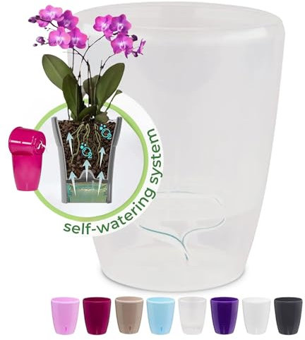 Happyplants ORCHIDEA Clear Self-Watering Orchid Pot Flower Planter With Water Level Indicator Water Reserve And Drainage Holes (Transparent, Ø 15CM - 2L)