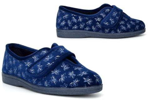 Womens Wide Fit Slippers Ladies Wide Slippers Size 6 Double E Slipper Size 7 EE Slipper Touch Fastening Rubber Sole Double E Width Sizes 3-9 Navy (EE Fitting)