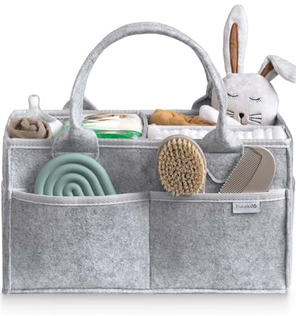 PUTSKA Windelkorb Organizer – Aufbewahrungskorb fürs Kinderzimmer, ideal für Wickelstation, Babygeschenk & Must-Have auf der Wunschliste, Neugeborenen-Essentials & Deko – Grau, Standardgröße