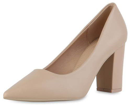 VAN HILL Damen Spitze Pumps Blockabsatz Basic Klassisch Schuhe 216232 Beige 38