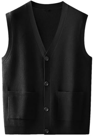 Chaleco de lana para hombre, color liso, sin mangas, suéter de punto, talla grande, cuello en V, informal, con botones, parte superior, Negro, 6XL