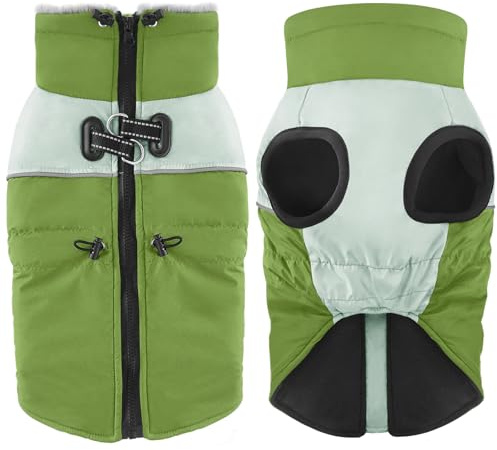 Dolahovy wasserdichte Hundemantel Winterjacken, Winddichte Haustier Kleidung Große Jumper Warme Hunde Mäntel Fleece Jacken Outfit für kleine mittlere große Hunde Welpen Weste mit Geschirr (Grün, 4XL)