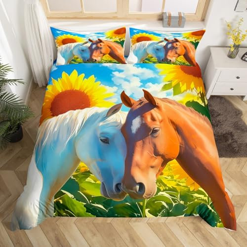Set di biancheria da letto king size con coppia di cavalli, per bambini, ragazzi, ragazze, adolescenti, animali della fattoria, rustico, girasole