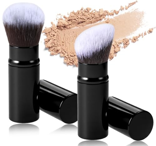 2 Pcs Retractable Kabuki Brush Set, Portable Travel Blush Brush, Powder Brushes for Blending Liquid, Foundation Brushes for Liquid Cream and Powder Makeup, Kabuki Travel Foundation Brushs Set