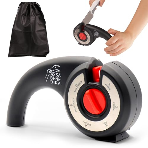 ASSABENEDIKA - Affilacoltelli da cucina con Base Antiscivolo per Massima Sicurezza - Arrota Coltelli Professionale 6 in 1 con Manico Ergonomico Dotato di Pietre per Affilare Coltelli