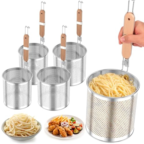 4 Pcs Stainless Steel Food Strainer with Wood Handle Multifunctional Pasta Basket Noodle Basket Fine Mesh Skimmer Kitchen Fine Sieve Mesh Strainer for Boiling Straining Deep Frying