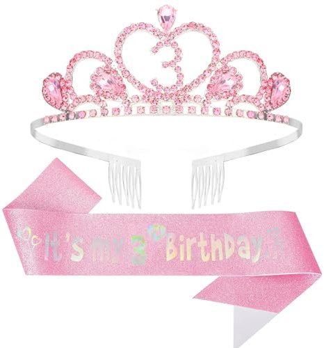 Lilbitty Pinkes Geburtstagskrone Set für Mädchen mit Tiara und Schärpe - Prinzessin Krone für den 3. Geburtstag, Perfekt für Party und Feier