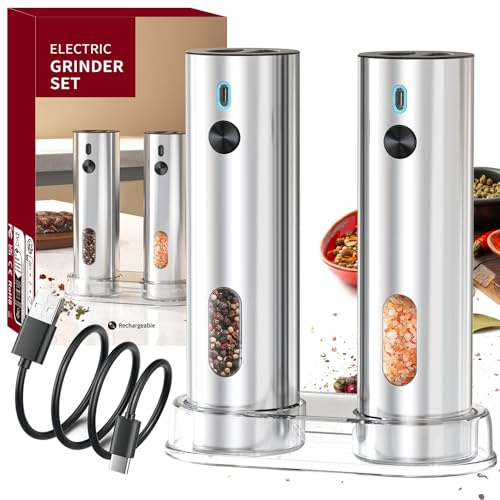 3T6B Juego de molinillos de sal y pimienta eléctricos, molinillos de especias de acero inoxidable con soporte de 110 ml y luz LED blanca, carga USB, aspereza ajustable de cerámica
