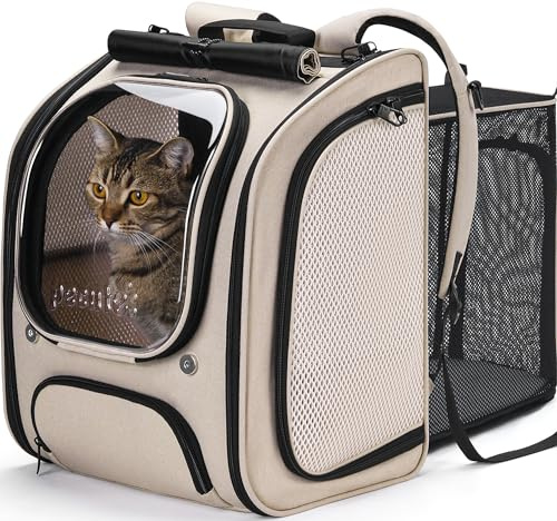 Pecute Bubble Kattväska Expanderbar, Stor Ryggsäck med Andningsbar Nät, Kattväska med Klar Bubbelfönster för Kattunge och Valp, Används vid Resor Vandring Promenader Utomhus, Khaki