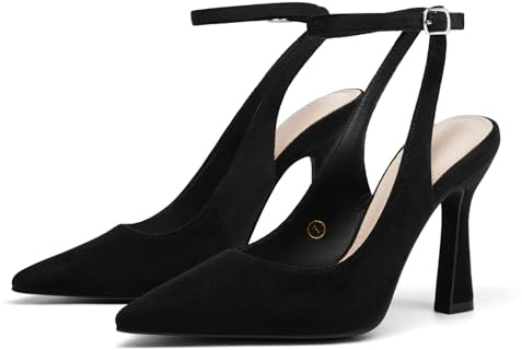 Coutgo Womens Closed Toe High Heels Slingback Pointed Toe Pumps Ankle Strap Dress Shoes, Suede Black, Size 9.5