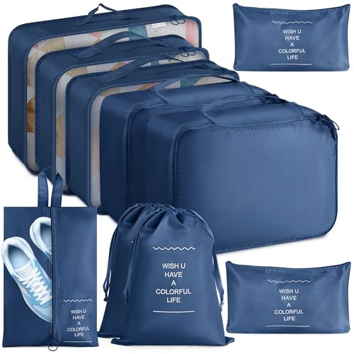 Koffer Organizer Set 10-teilig Packwürfel, Wasserdichte Packtaschen & Wäschebeutel Reise für Koffer Rucksack, Packing Cubes, Reiseorganizer für Kleidung, Schuhe, Kosmetik, Reisezubehör (Marineblau)