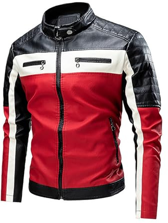 Giacca da Moto in Pelle per Uomo Giubbotto Equitazione Stile Moda Autunno Inverno Esterno Casual (Red, XXL)