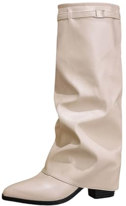 Stivali da donna a mezza gamba, alla moda, stivali al ginocchio appuntiti con cinghie con fibbia, comodi stivaletti in pelle per outfit casual invernale, bianco, 42 EU