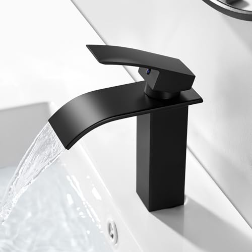Basin Mixer Taps Waterfall Black Monobloc Basin Sink Tap 1 Hole, Modern Square Cloakroom Faucet, Single Lever Washroom Faucet with G1/2 UK Standard Fittings