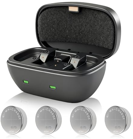 4Pcs 2025 New Rechargeable 675 Hearing Aid Batteries and Charger Kit, Super Long Runtime Rechargeable P675 Batteries for Hearing Aids (4 Batteries + Charger)