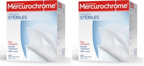 MERCUROCHROME - Compresses stériles - 100% Coton - Boîte de 30 Compresses Douces et Absorbantes - Sachets individuels - Adaptées pour le Nettoyage et le Recouvrement des Plaies (Lot de 2)