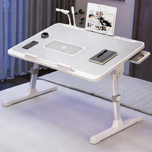 Laptoptisch fürs Bett, 5-Höhenverstellbar, Winkelverstellbar, Betttisch Klappbar mit Laptop Kühler, USB-Anschluss, Schublade, Laptop Tisch für Bett, Sofa, Couch, Boden, 60 x 40 cm, Silbergrau