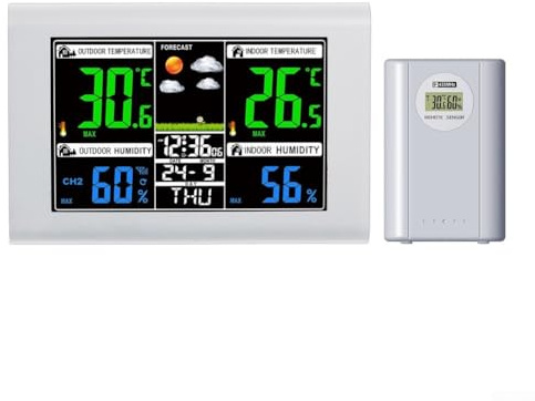 Dolvitrny Station météo extérieure sans fil avec capteur - Affichage numérique des prévisions - Thermomètre hygromètre intérieur/extérieur - Pression barométrique et alarme