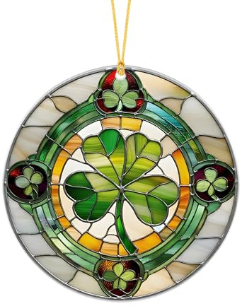 St. Patrick’s Day Acrylic Clover Suncatcher – Round Green Window Hanging Ornament, Lucky Four Leaf Decor for Tree, Door