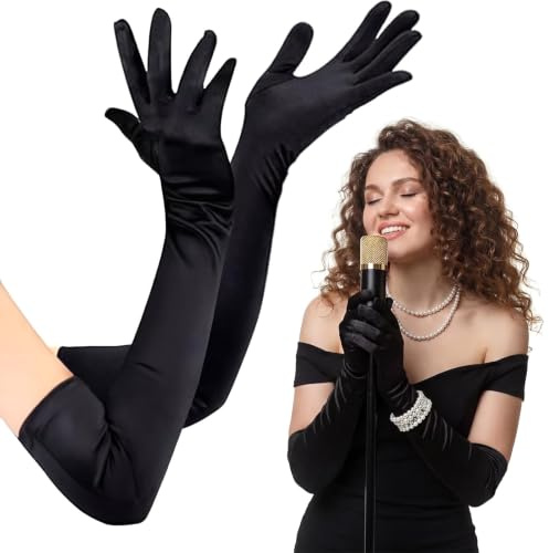Long Elbow Satin Gloves, Long Satin Gloves Evening Gloves for Women Girls, Fancy Dress Gloves Opera Elbow Length Gloves, 20.9in White Gloves for Wedding Prom Party Dance Costume Accessories(Black)