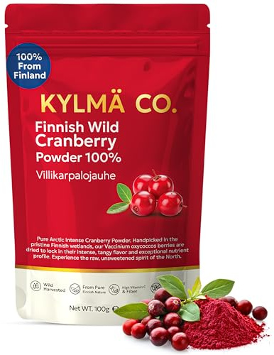 Kylmä Co. Polvere Di Mirtillo Rosso Selvatico 100 G | 100% Mirtillo Rosso Selvatico (Vaccinium Oxycoccos) Dalla Finlandia | Essiccata All'Aria | Senza Additivi | Vegana | Senza Glutine