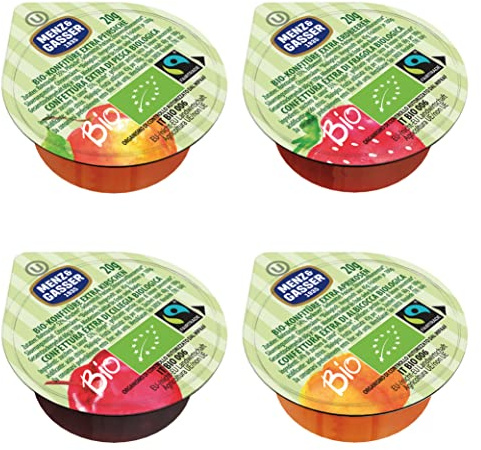 Menz&Gasser Confettura Extra Bio di Gusti Assortiti Monodose Biologica, Albicocca, Ciliegia, Fragola e Pesca, con Frutta, 100 porzioni x 20 g