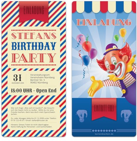 Kartenmachen.de Personalisierte Einladungskarten zum Geburtstag (10 Stück) als Zirkus Ticket Eintrittskarte Clown Jahrmarkt