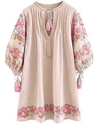 R.Vivimos Women's Autumn 3/4 Sleeve Cotton V Neck Floral Embroidery Casual Tunic Dresses (Medium, Beige)