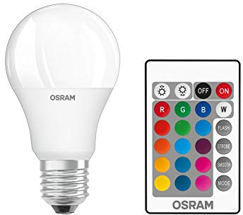 Osram STAR+ RGBW LED Lampe mit E27 Sockel, RGB-Farben per Fernbedienung änderbar, 9W, klassische Birnenform, Ersatz für 60W-Glühbirne, matt, LED Retrofit RGBW lamps with remote control, 4er-Pack