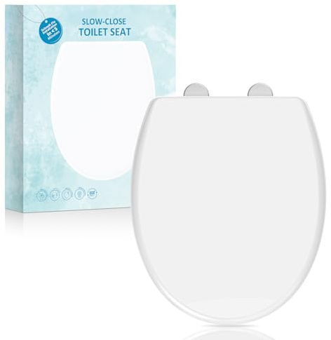 Toilet Seat, MUJIUSHI Soft Close Toilet Seats with Non-Slip Seat Bumpers & Metal Screw Bolts, Fit Standard Round Toilet, Quick Release No Slam White Toilet Lid with Cover, Easy to Install & Clean