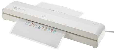 Amazon Basics 12-Inch Thermal Laminator Machine, 1 Min Fast Warm-Up, for Documents Photos, Home/Office/School Use, 20 Pouches Included, White