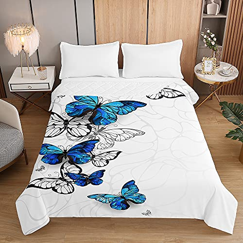 Surwin Tagesdecke Bettüberwurf Steppdecke für Doppelbett Einzelbett, Mikrofaser Wattiert Gesteppt Bettdecke 3D Schmetterling Dünne Tagesdecken mit Ultraschall Prägung (Blau,180x220cm)
