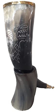 THE ANTIQUE HOUSE Taza de cuerno de buey con grabado de lobo con soporte y borde de latón, regalo para fiesta de Halloween, día del padre