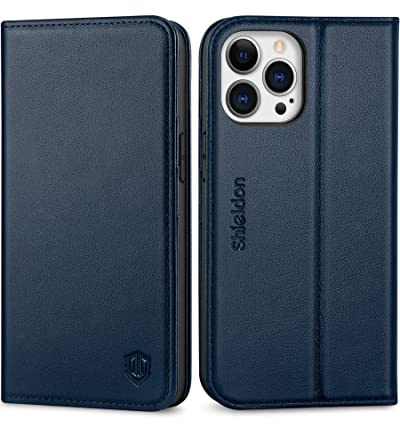 SHIELDON Echtleder Hülle für iPhone 13 Pro 6,1, Marineblau | Verdichtetes TPU, Kartenfach, Standfunktion, RFID-Sperre, Telefon Schutzhülle, Klapphülle, Magnet Handyhülle