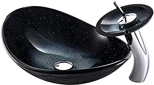 YEITH Lavandino in Vetro Temperato, Tondo Lavandino del Bagno, Lavabo da Appoggio ​in Vetro Temperato Gradiente Stellato Nero Lavabo da Bagno, può Essere Utilizzato in Bagno, Servizi Igienici, ECC,A
