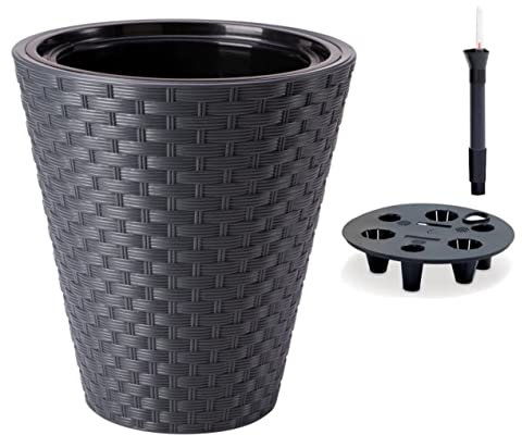 Blumentopf mit Bewässerungssystem 3D Effekt Rattan Rund Slim Niedrig, Farbe: Anthrazit, DxH: 40 x 45 cm