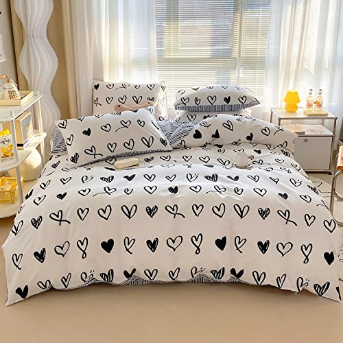BlueBlue Hearts Kids Duvet Cover Set 100% Cotton Bedding for Boys Girls Teens Cartoon Black White Heart Love Pattern Queen Size 1 Duvet Cover 2 Pillow Shams 3 Piece Set