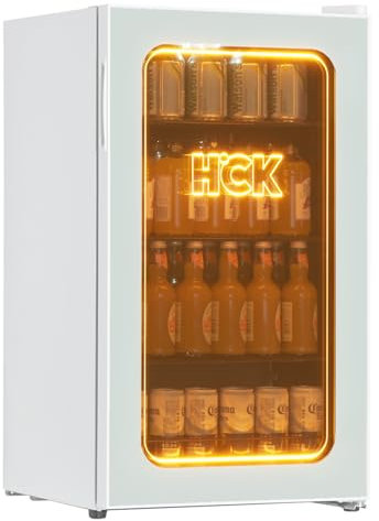 HCK Frigorifero per bevande da 98 l, 105 lattine mini frigorifero con porta in vetro, luce arancione 3D, piccolo frigorifero con ripiani regolabili per birra o vino, perfetto per casa/bar, ufficio