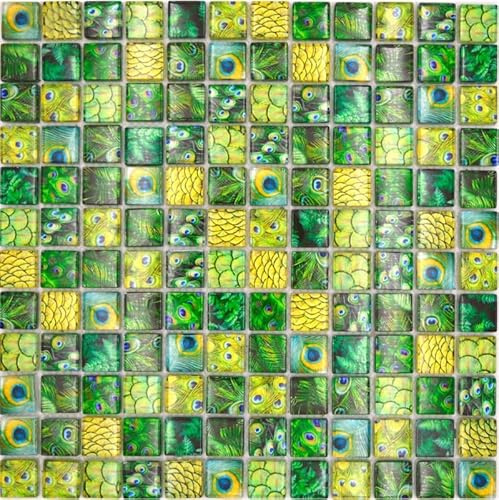 Glasmosaik Mosaikfliese grün glänzend Pfau Wand Küche Bad Dusche MOS68-WL84