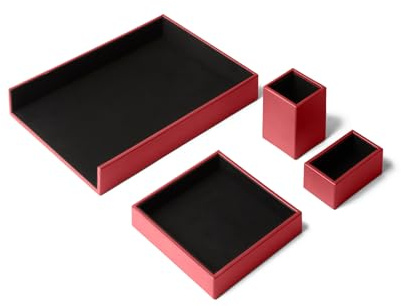 Eglooh - Minerva - Schreibtisch Set Leder Hellrot - Schreibtisch Zubehör mit 4 Stücken: Taschenleerer, Stiftehalter, Ablagefächer, Visitenkartenhalter - Made in Italy
