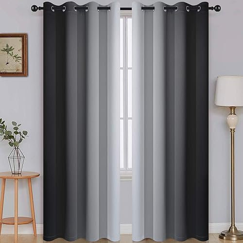 SimpleHome Ombre Room Darkening Curtains for Bedroom, Gradient Black to Grey White Light Blocking Thermal Insulated Grommet Window Curtain/Drapes for Living Room,2 Panels, 52x90 inches Length