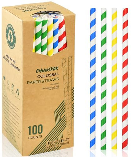 26 cm, extra lunga, 10 mm, grandi cannucce usa e getta in carta per frullati spessi, frappè, strisce colorate, 100 pezzi, 100% biodegradabili