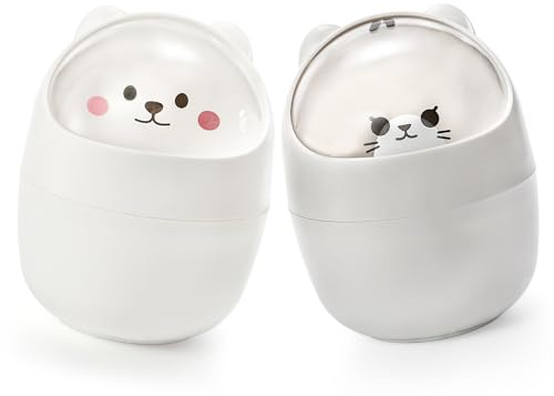 Yesland 2 Pack Desktop Mini Trash Bin with Swing Lid, Cute Bear Plastic Wastebasket Trash Can Countertop Garbage Storage Bucket for Home, Office, Kitchen, Vanity Tabletop, Bedroom, Grey & White