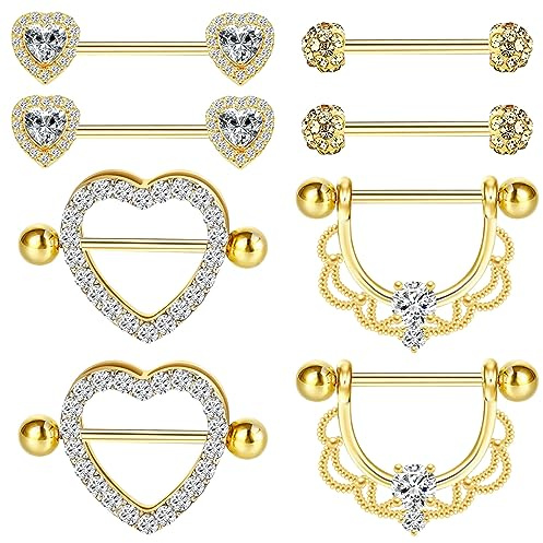 Kucheed 8 Piezas Anillos de Pezón, 14G Anillos de Lengua de Acero Quirúrgico Joyas para Piercing de Pezón,Juego de Anillos de Pezón de Barra Recta de 12-18mm,Anillos de Pezón de Corazón Lindo (B)