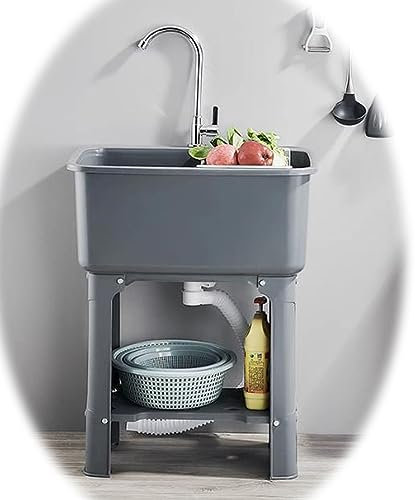 HCZION Industrielle Küchenspüle Im Freien Garage Spültisch Hinterhof Garten Waschbecken Mit Wasserhahn Aufbewahrungsregalen Für Restaurant Bauernhaus (Color : Grey, Size : 40x60cm/15.7x23.6in)