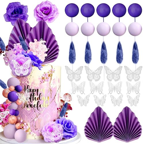 JeVenis Lavender Cake Decoration Purple Rose Cake Topper Butterfly Palm Leaves Purple Balls Cake Decoration for Wedding Bridal Shower Birthday