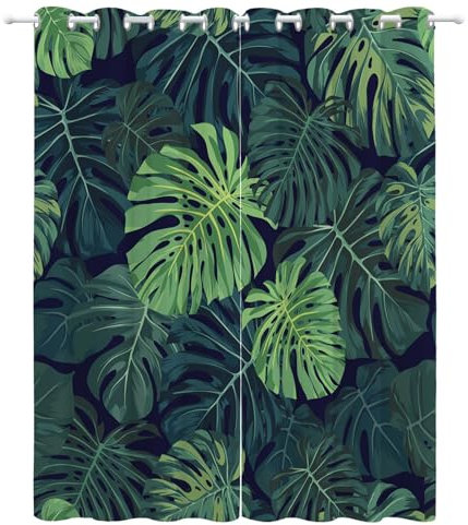 Srigzcaly GrüN-Monstera-Druck 220x215cm(BxH) -Druck Ösen Gardinen Wärmegedämmt Blickdichter Vorhang Für Jungen Mädchen Kinder Schlafzimmer Wohnkultur